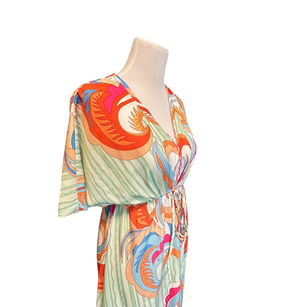 SHEIN Women's S Green Orange Abstract Print Kimono Sleeve Drawstring Maxi Dress - Picture 7 of 16